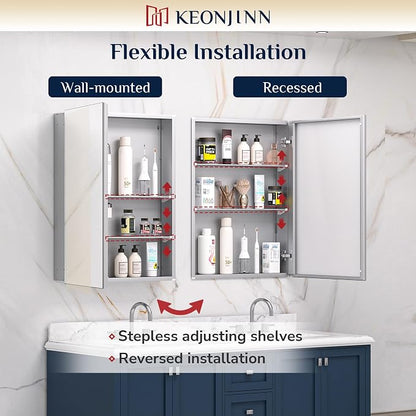 Keonjinn 48 x 26 Inch Bathroom Medicine Cabinets Mirror, Adjustable Shelves | Assembly Required, Lightweight Aluminum Frame, Surface Mount or Recessed, HD Tempered Glass, Soft Closing DTC Hinges, Large
