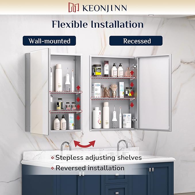 Keonjinn 64 x 32 Inch Oversized Medicine Cabinet Mirror, Adjustable Shelves | Assembly Required, Lightweight Aluminum Frame, Adjustable Shelves, Surface Mount or Recessed, Soft Close, Silver