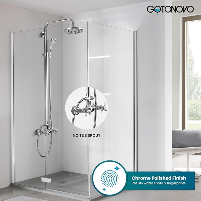 gotonovo Exposed Bathroom Shower Faucet Set Shower Fixture 8 Inch Rainfall Shower Head Handheld Shower Cross Handle Wall Mount 2 Functions Polished Chrome