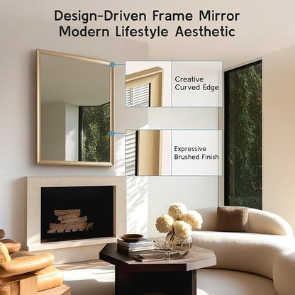 Gold Bathroom Mirror 30x40 Inch, Rectangle Vanity Mirror | Brushed Gold Bathroom Mirror for over sink, Bedroom, Entryway, Living Room, Aluminum Alloy Framed, Curved Wide Edge