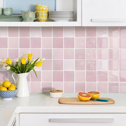 Thicker 3D Peel and Stick Backsplash Tiles, 10 Pcs 12" x 12" | Pink, 10 Pcs 12" x 12", Glossy Self Adhesive Decorative Vinyl Backsplash Wall Sticker, Cover 10 sq ft，Removable，Waterproof