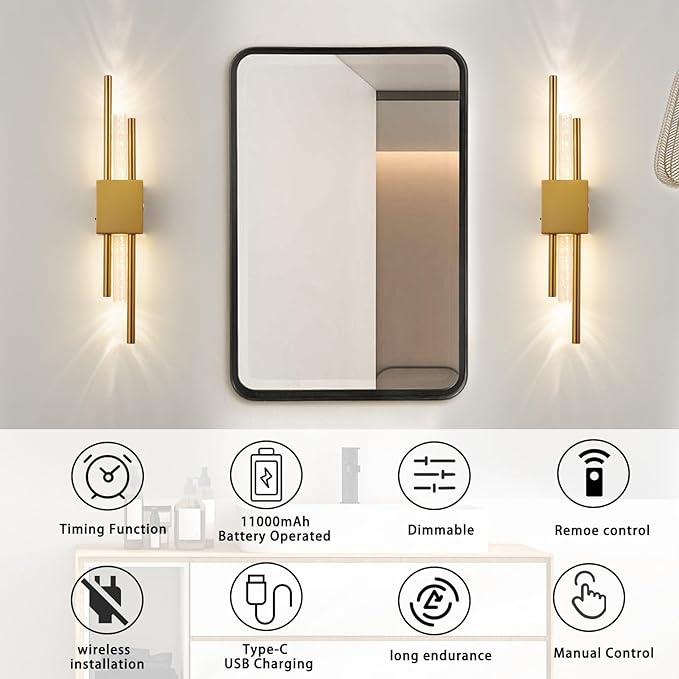 Battery Operated Wall Sconces Set of Two, Rechargeble Modern Crystal Bathroom Wall Sconces, 3000K-6000K Dimmable Gold LED Wireless Wall Lights for Vanity Bedroom Living Room Hallway 19.7in