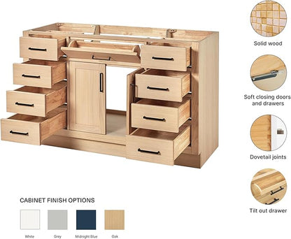 ARIEL Hepburn 54-inch Bathroom Vanity Base Cabinet,Solid Wood, 2 Soft Closing Doors, 9 Dovetail Drawers, White Oak