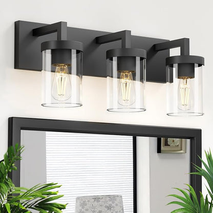 Bathroom Vanity Light, 3 Light Matte Black Vanity Lights with Clear Glass Shade, 22in Modern Wall Sconces, Bathroom Lighting Fixtures Over Mirror