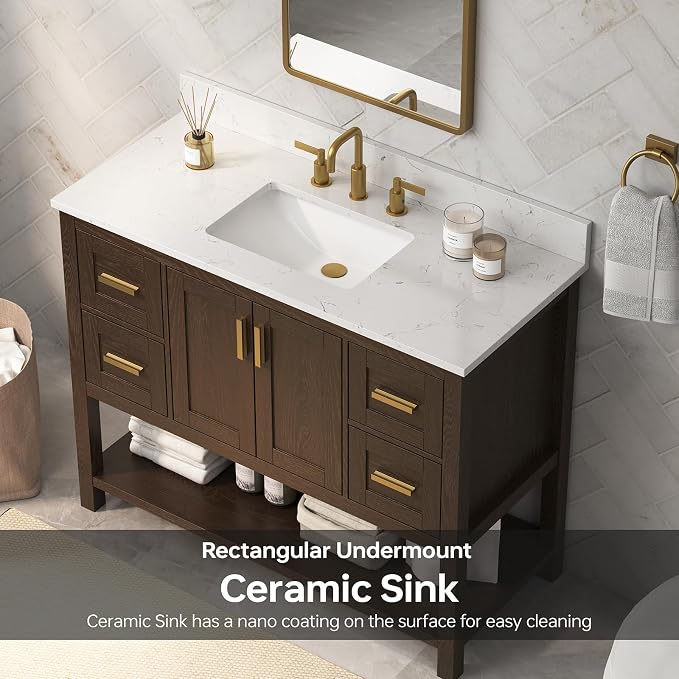 42 Inch Bathroom Vanity with Sink, Fully-Assembled, Walnut | Farmhouse Bathroom Vanity Cabinet with Solid Wood Frame, Soft-Close Drawers & Open Shelf, Ceramic Sink & Backsplash
