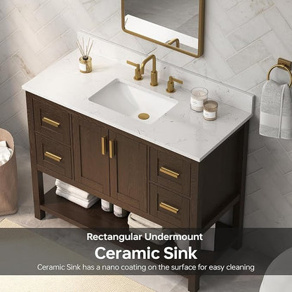 42 Inch Bathroom Vanity with Sink, Fully-Assembled, Walnut | Farmhouse Bathroom Vanity Cabinet with Solid Wood Frame, Soft-Close Drawers & Open Shelf, Ceramic Sink & Backsplash