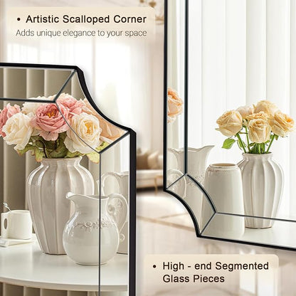 Black Mirror 24x40 Inch, Scalloped Mirror for Bathroom, Unique Rectangular Bathroom Mirror in Premium Stainless Steel Metal Frame 1" Deep, Decorative Mirror for Bathroom, Entryway, Mantel