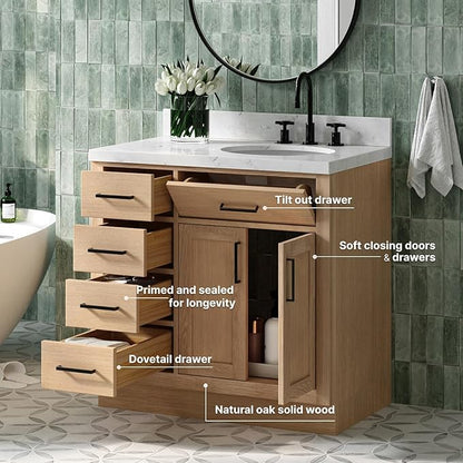 ARIEL Hepburn 36-inch Bathroom Vanity Base Cabinet,Solid Wood, 2 Soft Closing Doors, 5 Dovetail Drawers, White Oak
