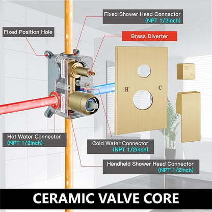 Midanya Shower Faucet Set with Handheld Sprayer,10 Inch,Brushed Gold | Rough-in Shower Valve and Trim Kit Included,Square Rain Head,Wall Mount Shower System,All Metal,Bathroom