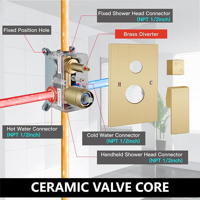 Midanya Shower Faucet Set with Handheld Sprayer,12 Inch,Brushed Gold | Rough-in Shower Valve and Trim Kit Included,Square Rain Head,Wall Mount Shower System,All Metal,Bathroom