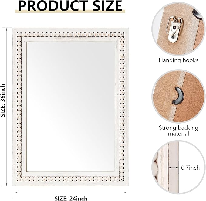 H HOMEWINS Rustic Wooden Mirror, 24x36 Inch Farmhouse Boho Bathroom Rectangle Nursery White Beads Decor Wall-Mounted Mirror for Bedroom, Living Room,Vanity,Entryway,Over Sink