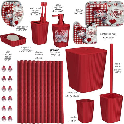 Clara Clark Christmas Bathroom Accessory Set - 22PC, Complete Set + Bath Rugs, Modern, Red & White, Polyester | 22 Piece Complete Xmas Bathroom Set with Toothbrush Holder, Soap Dispenser, Soap Dish, Toilet Brush, and Bathroom Trash Can