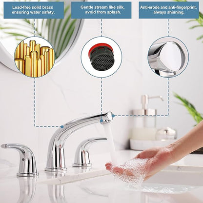 Solid Brass Widespread Bathroom Faucet,8-inch Faucets with Pop Up Drain Assembly and 2 Water Supply Lines Faucets Polished Chrome