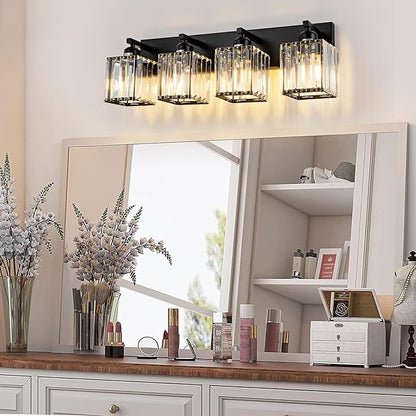 Modern Crystal Bathroom Vanity Light 4-Lights Modern Black Crystal Bathroom Wall Light Fixtures Over Mirror