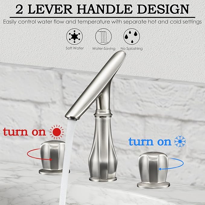 Bathroom Faucets for Sink 3 Hole, 8 Inch Widespread Bathroom Faucet Brushed Nickel, Solid Brass Modern Vanity Faucet with Adjustable Spout 2 Handles and Supply Hoses