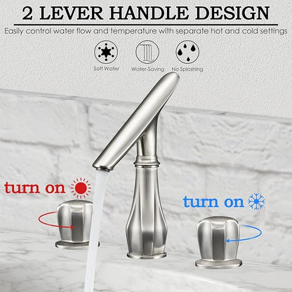 Bathroom Faucets for Sink 3 Hole, 8 Inch Widespread Bathroom Faucet Brushed Nickel, Solid Brass Modern Vanity Faucet with Adjustable Spout 2 Handles and Supply Hoses