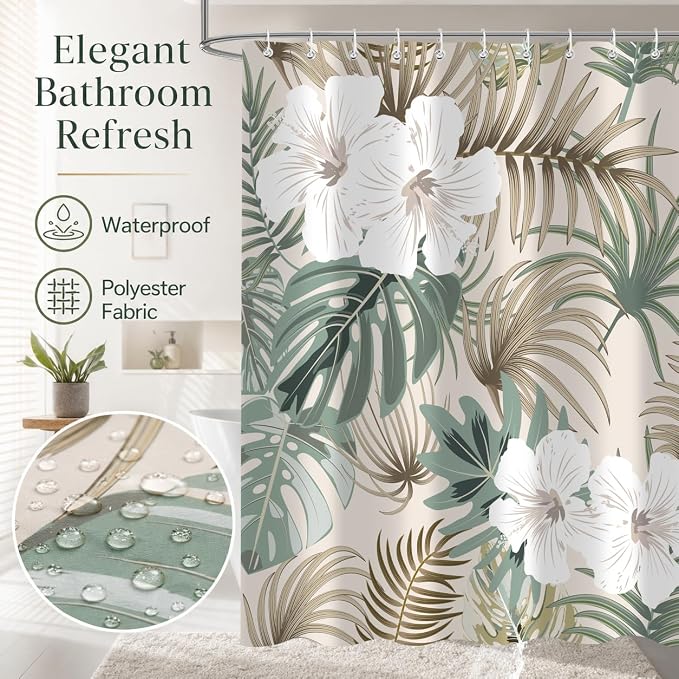 Tropical Shower Curtain for Bathroom, Green Palm Tree Flower Plant Boho Leaf Banana Monstera Sage Beige Shower Curtains Set, Fabric Bathroom Accessories with Hooks 72x78 Inch