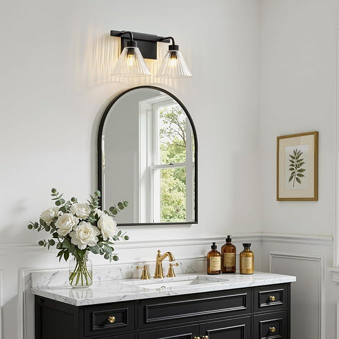 AIJIASI Bathroom Vanity Light 2-Light Modern Black Bathroom Light Fixtures Over Mirror with Ribbed Glass Shade, 16 Inch Vanity Lighting Fixtures for Bedroom Living Room Hallway