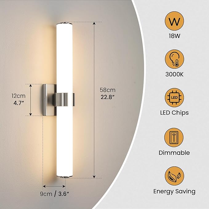 Brushed Nickel Vanity Lights for Bathroom - 22 Inch Bathroom Light Fixtures Over Mirror with Acrylic Shade, 18W LED Modern Vanity Lighting Fixtures Wall Sconce 3000K