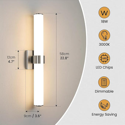 Brushed Nickel Vanity Lights for Bathroom - 22 Inch Bathroom Light Fixtures Over Mirror with Acrylic Shade, 18W LED Modern Vanity Lighting Fixtures Wall Sconce 3000K