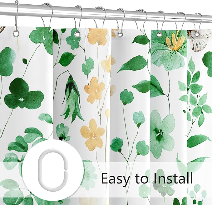 Emerald Green Floral Shower Curtain, Cute Flower Fabric Shower Curtains for Bathroom, Watercolor Wildflower Butterfly Cloth Shower Curtain Set with Hooks, 72x72