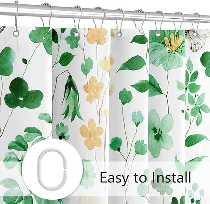 Emerald Green Floral Shower Curtain, Cute Flower Fabric Shower Curtains for Bathroom, Watercolor Wildflower Butterfly Cloth Shower Curtain Set with Hooks, 72x72