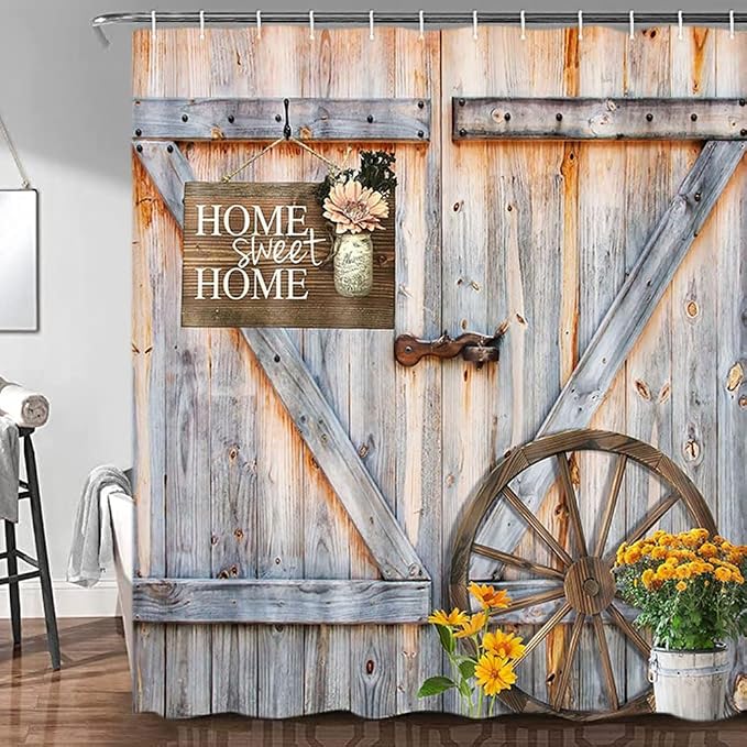 Retro Barn Door Shower Curtain for Bathroom, Western Farmhouse Yellow Daisy Floral Bath Curtain Sets,Fabric Countryside Wooden Cabin Decor Curtains with Hooks 60X70IN