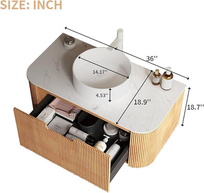 LKTART 36 Inch Floating Bathroom Vanity with Sink, Modern Wall Mounted Bathroom Storage Cabinet with Drawer, Stone Pattern Round White Ceramic Sink Top and Marble Texture Top, Natural Wood