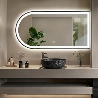 Arched LED Bathroom Mirror, 48"x24" Arch Backlit Vanity Mirror with Lights, Frontlit, Dimmable, 3 Colors, Memory Function, Anti-Fog Smart Mirror, Black Frame, Shatterproof, Horizontal-Right
