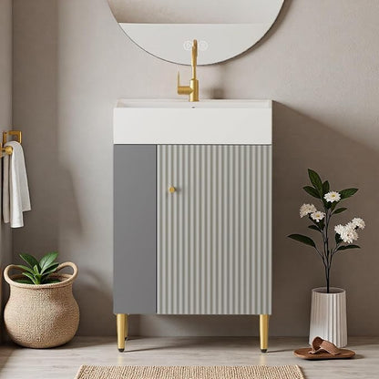 21.6" Freestanding Bathroom Vanity with Ceramic Sink, Matte Gray | Ceramic Sink, Wave-Pattern Door & Two-Layer Left Open Compartment, Bathroom Storage Cabinet, Easy Installation