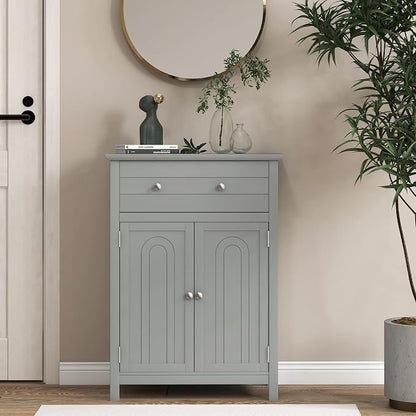 Giantex Bathroom Storage Cabinet with Drawer - Floor Cabinet with Doors, Adjustable Shelf, Storage Organizer for Entryway, Laundry Room, Kitchen, Living Room, Bedroom, Freestanding Cupboard (Gray)