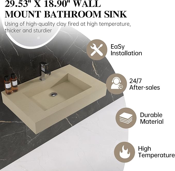 30" x 19" Bathroom Sink with Solid Surface, Wall Mount Bathroom Sink with Single Faucet Hole, Rectangle Stone Resin Vessel Sinks for Indoor Outdoors,Floating Wall Hang Sink Bowl, Beige