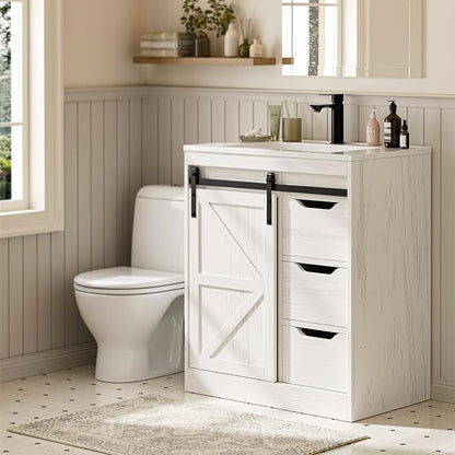 SUNTAGE Bathroom Vanity with Sink, Freestanding Farmhouse Bathroom Storage Cabinet with 3 Drawers & Sliding Door, White Resin Basin Vanity Combo Set (Distressed White, 30")