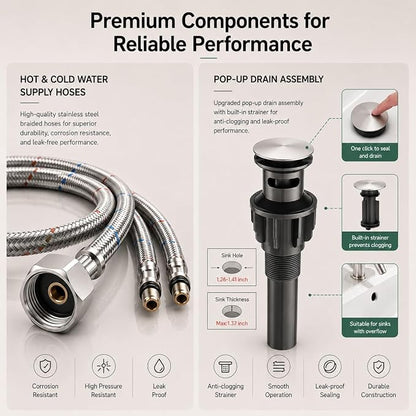 VOTON Waterfall Bathroom Faucet, Brushed Nickel 1-Hole with Deck & Drain | | SUS304 Stainless Steel | Rust-Resistant | Waterfall Flow