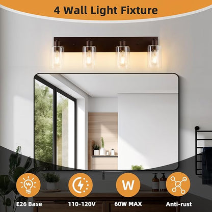 4 Lights Bathroom Light Fixtures Oil Rubbed Bronze Vanity Light with Clear Glass Shade 30in Modern Bathroom Lighting Fixtures Over Mirror for Bedroom/Living Room