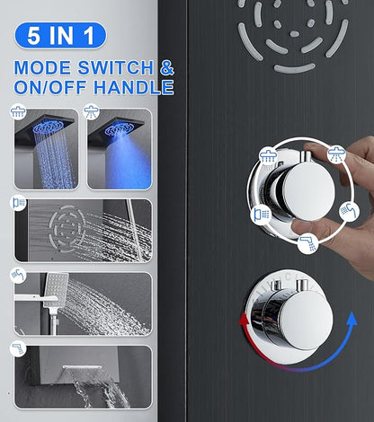 POPFLY LED Shower Panel Tower System with Shelf, MIST & Rainfall Shower Head and Rain Massage System with 2 Body Jets, Tub Spout, Handheld Shower with 59" Hose, 304 Stainless Steel, Matte Black