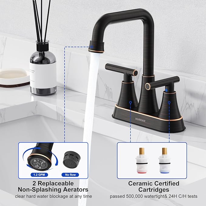Bathroom Sink Faucet, Hurran 4 inch Oil Rubbed Bronze Bathroom Faucets for Sink 3 Hole with Pop-up Drain and Supply Hoses, 2-Handle Centerset Faucet for Vanity RV Farmhouse, 2 Pack