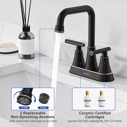 Bathroom Sink Faucet, Hurran 4 inch Oil Rubbed Bronze Bathroom Faucets for Sink 3 Hole with Pop-up Drain and Supply Hoses, 2-Handle Centerset Faucet for Vanity RV Farmhouse, 2 Pack