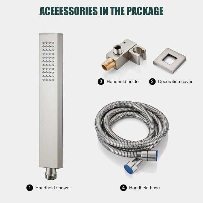 Heyalan Hand-held Shower Head Set-SUS304 Handheld Shower, Brushed Nickel | SUS304 stainless steel wand, straight-style design, single rain spray, 59-inch long hose and standard 1/2-inch connection
