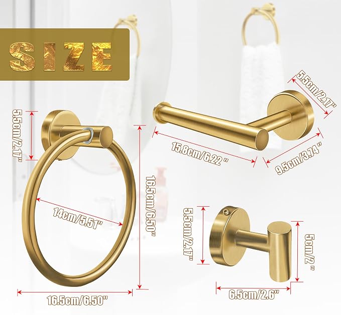 4Pcs Gold Bathroom Accessories Set, Brushed Gold Bathroom Hardware with Toilet Paper Holder,Towel Ring & Robe Hooks,Wall Mounted Stainless Steel Bathroom Hardware for Modern Home