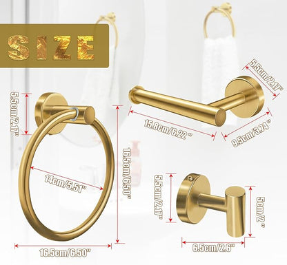 4Pcs Gold Bathroom Accessories Set, Brushed Gold Bathroom Hardware with Toilet Paper Holder,Towel Ring & Robe Hooks,Wall Mounted Stainless Steel Bathroom Hardware for Modern Home