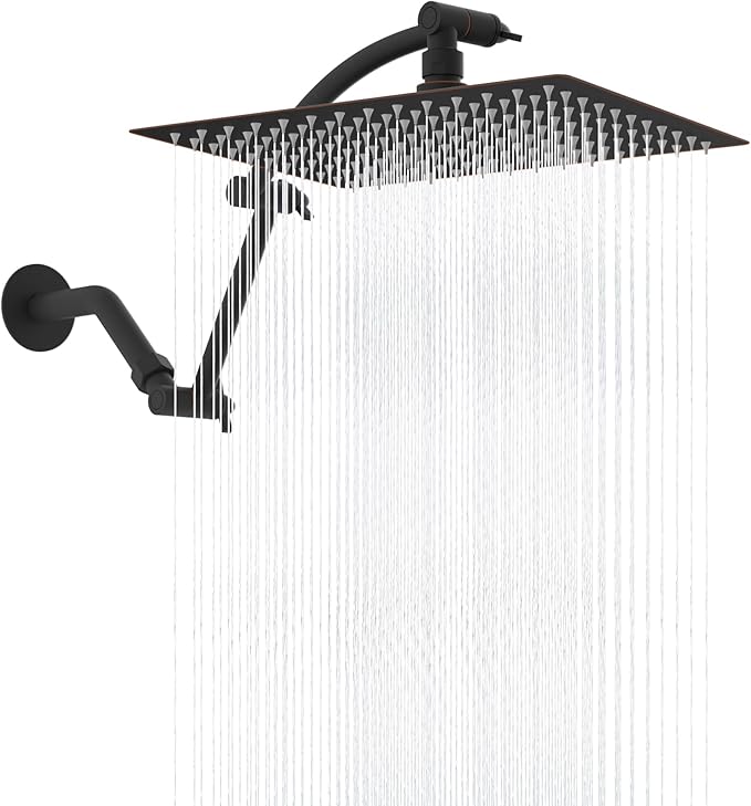 Hibbent 12'' Rain Shower Head with 16'' Extension Arm, Oil Rubbed Bronze | cUPC Certified High Pressure Rainfall Showerhead with Solid Brass Adjustable Shower Head Extension Arm, Fixed Showerheads