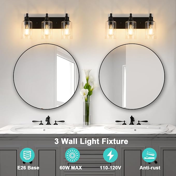 3-Light Bathroom Light Fixtures Modern Black Vanity Lights for Bathroom Lighting Fixtures Over Mirror for Cabinet Mirror Bedroom Hallway