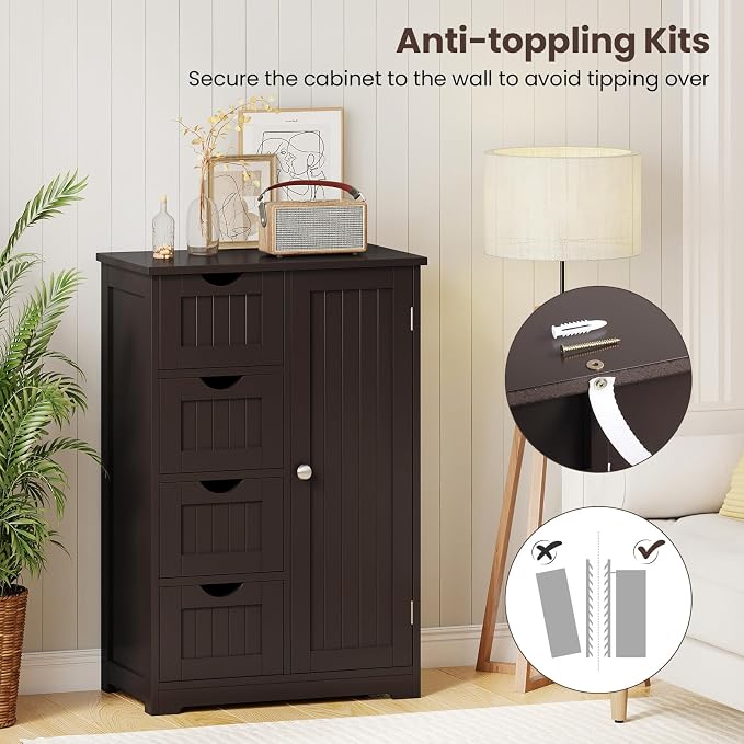 Giantex Bathroom Storage Cabinet with Drawers - 4 Drawer Storage Organizer w/Cupboard, Adjustable Shelf, Anti-Toppling Device, Entryway Storage Unit Console Table, Bathroom Floor Cabinet (Brown)