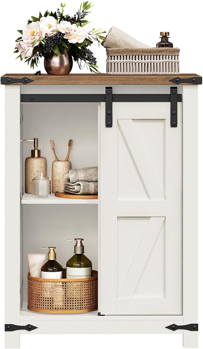 HOOBRO Bathroom Storage Cabinet, Farmhouse Cabinet with Sliding Barn Door, Adjustable Shelf and 4 Drawers, 11.8" D x 23.6" W x 31.9" H, Freestanding for Bathroom, Kitchen, White and Walnut