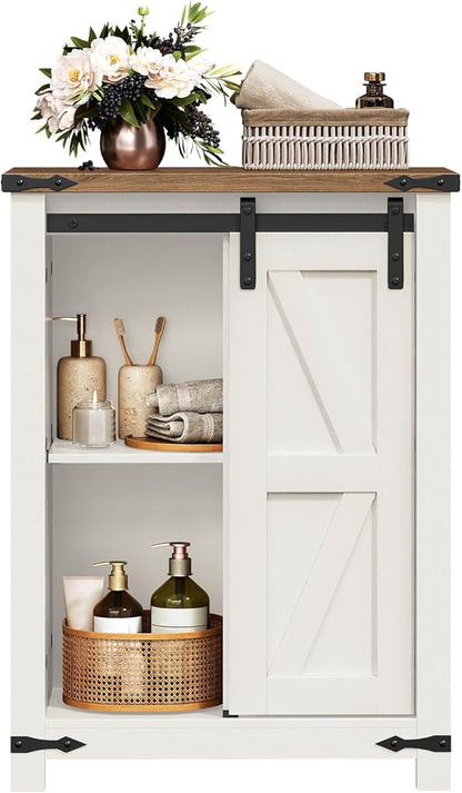 HOOBRO Bathroom Storage Cabinet, Farmhouse Cabinet with Sliding Barn Door, Adjustable Shelf and 4 Drawers, 11.8" D x 23.6" W x 31.9" H, Freestanding for Bathroom, Kitchen, White and Walnut