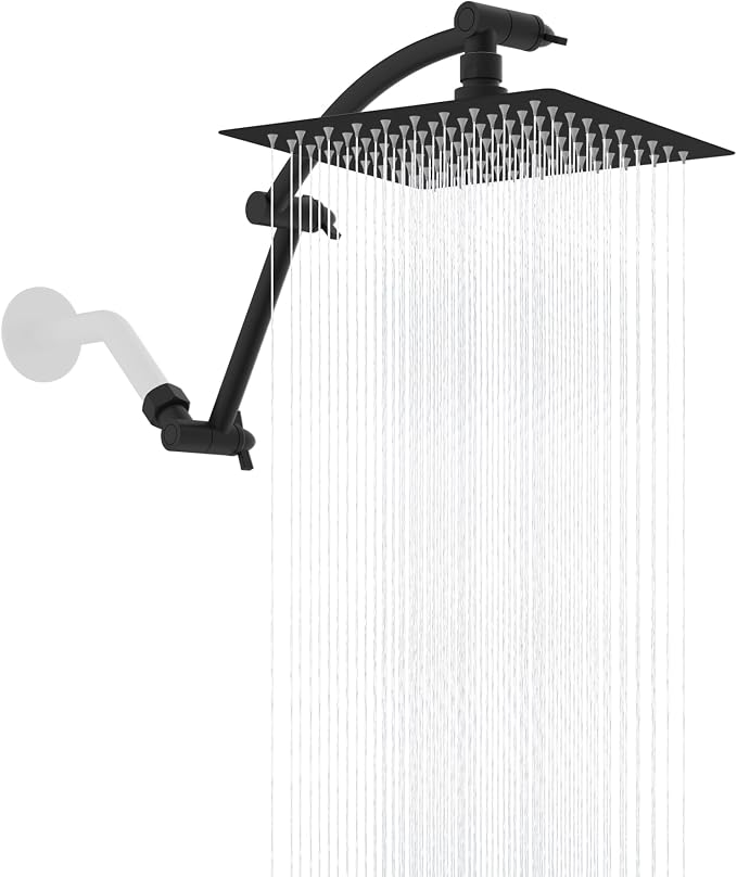 Hibbent All Metal 8'' Rain Shower Head, 16'' Extension Arm, Matte Black | cUPC Certified High Pressure Rainfall Showerhead with Solid Brass Adjustable Shower Head Extension Arm, Fixed Showerheads
