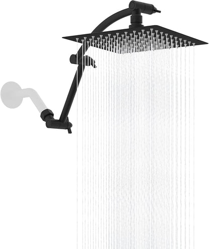 Hibbent All Metal 8'' Rain Shower Head, 16'' Extension Arm, Matte Black | cUPC Certified High Pressure Rainfall Showerhead with Solid Brass Adjustable Shower Head Extension Arm, Fixed Showerheads