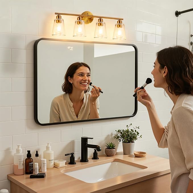 TALOYA 27 Inch Brushed Gold Bathroom Light Fixtures with Thickend Clear Tapered Glass Shade, 4-Light Modern Vanity Light Over Mirror for Bathrooms, Bedrooms (Bulbs Not Included)