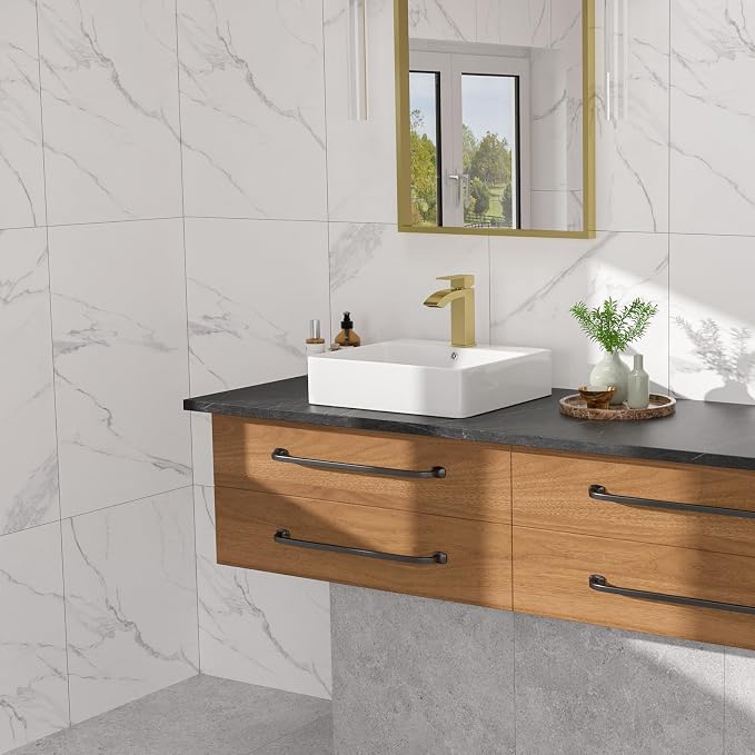 White Rectangle Vessel Sink, 18"W x16"D Bathroom Sink Above Counter Modern Porcelain Ceramic Vessel Sink, Vanity Art Basin for Bathrooms